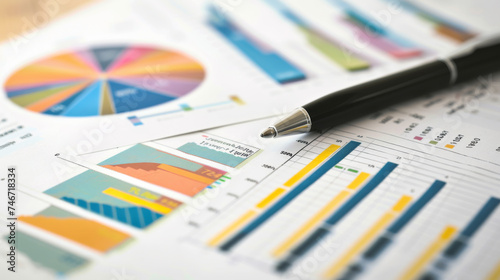 detailed financial report with colorful pie charts, bar graphs, and data analysis with a pen pointing to a specific area of the chart.