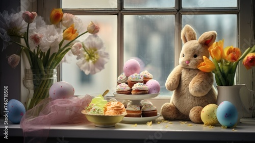 Cakes decorated with flowers and eggs near easter bunny toy on window sill
