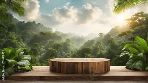 Empty product podium in tropical forest with tropical leaves for product presentation and green nature, jungle, sun in background.