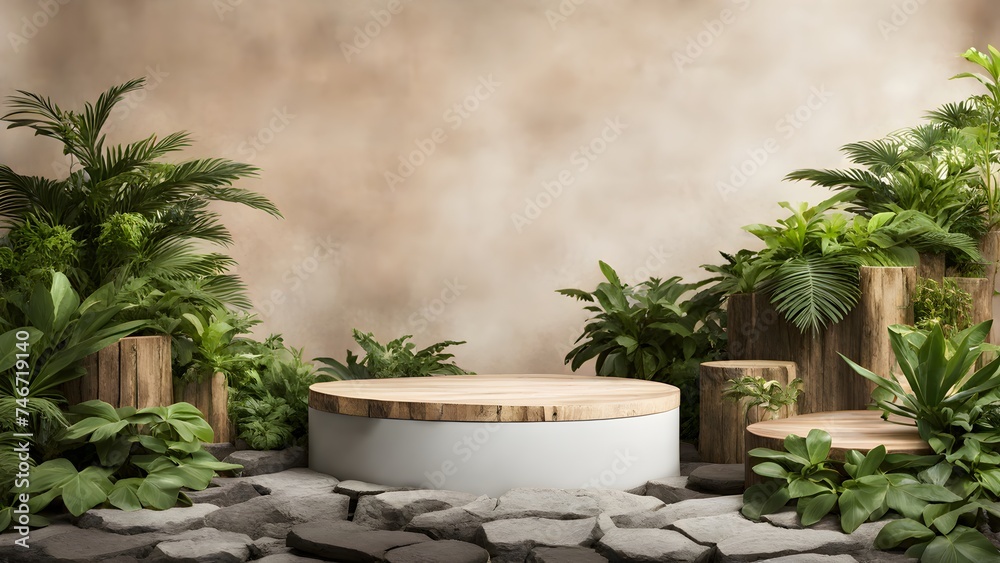 Empty product podium in tropical forest with tropical leaves for product presentation and bright, pastel background.	
