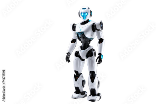 a high quality stock photograph of a single ai robot full body isolated on a white background