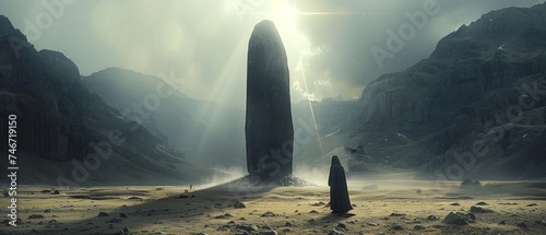 A man or a monk or a pilgrim next to a surreal mystical black stone or a giant sculpture in a valley among the mountains in a minimalist style. A ceremonial, religious, or mysterious sacred place photo