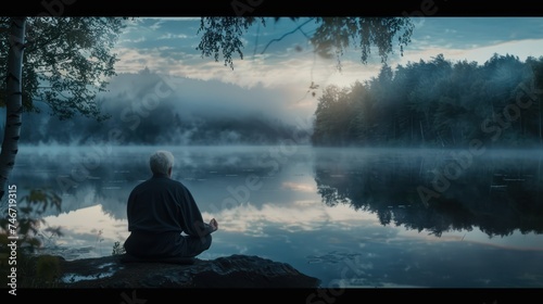 Serene Elderly Man Meditating by Tranquil Lake at Dawn - Importance of Mindfulness and Inner Peace in Aging Process