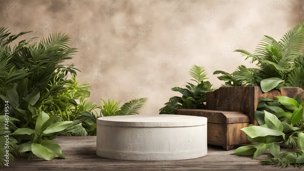 Empty product podium in tropical forest with tropical leaves for product presentation and bright, pastel background.	
