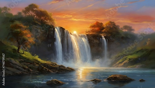 beautiful angelic scenery sunset waterfall painting style © Muhammad