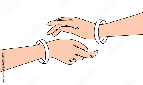 Two arms. White bracelet. Poverty. Color vector.
