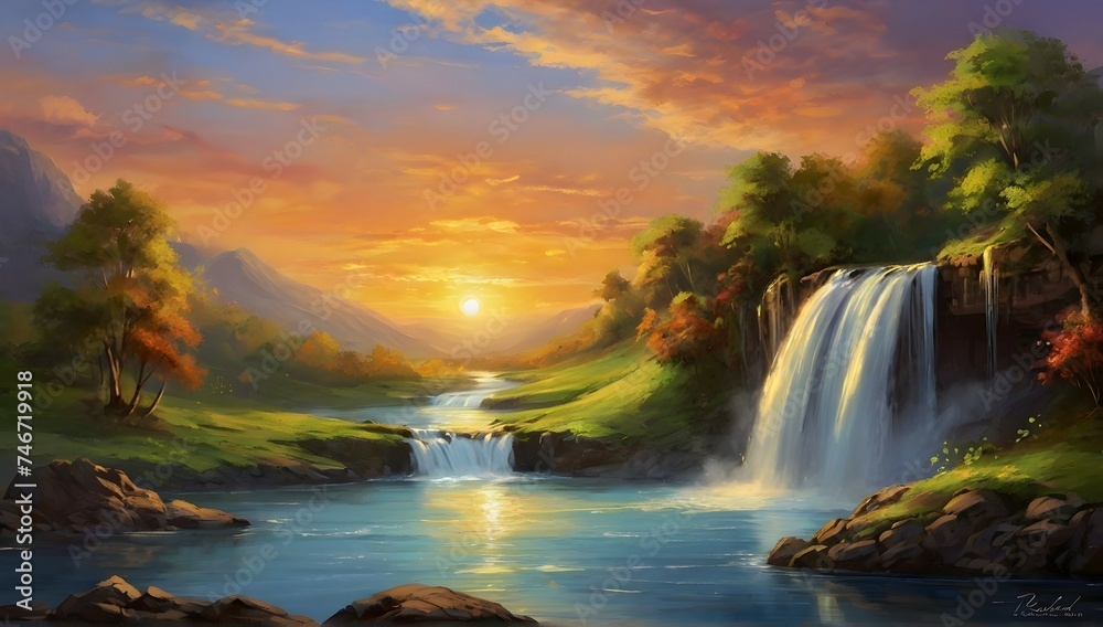 beautiful angelic scenery sunset waterfall painting style