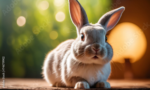 Lovely white bunny easter rabbit stand on spring meadow grass. Cute fluffy rabbit. Lovely small pet with beautiful bright eyes. Concept of Pascha, Resurrection Sunday, Christian cultural holiday