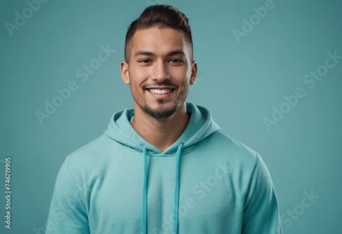 A man in a turquoise hoodie smiling warmly, looking casual and comfortable. © kotlyarn