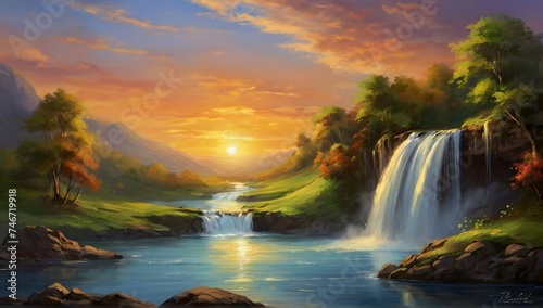 beautiful angelic scenery sunset waterfall painting style