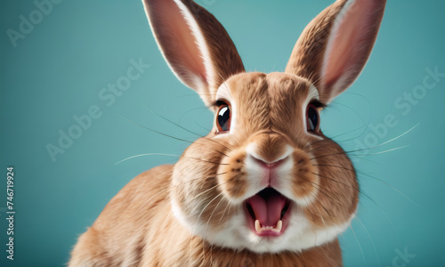 Happy Easter. Bunny rabbit hare on color studio background. Surprised funny emotion, Expressive young rabbit standing in front, making a face. Baby greeting card. Blue pastel color background.