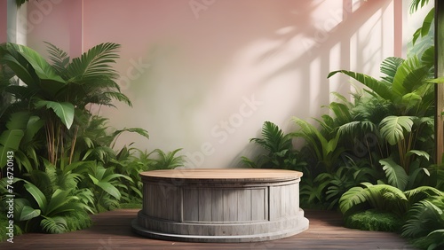 Empty product podium in tropical forest with tropical leaves for product presentation and bright  pastel background.  