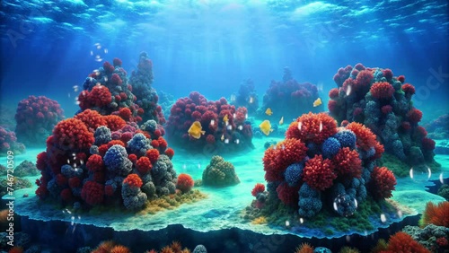 red coral under the sea with sunlight entering the sea and several yellow fish swimming photo