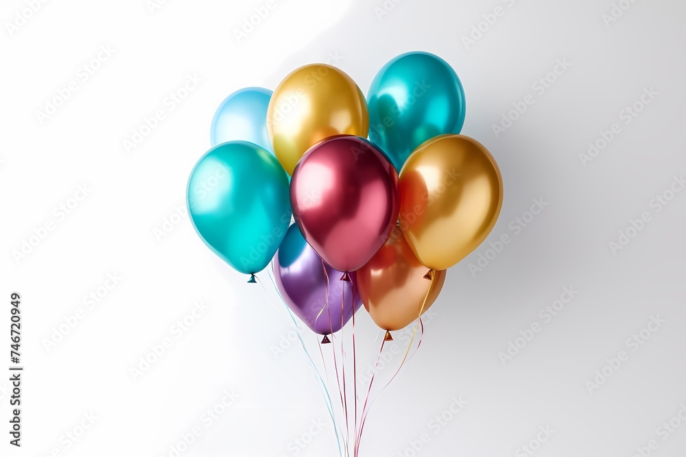 Vibrant birthday balloons set against a white background in a mockup style, offering generous copy space for customization, captured with the clarity and detail of an HD camera