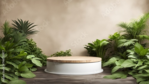 Empty product podium in tropical forest with tropical leaves for product presentation and bright, pastel background. 