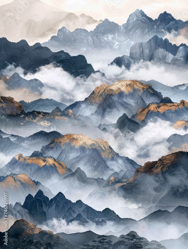 Majestic Mountain Range in Clouds. Printable Wall Art. © pham