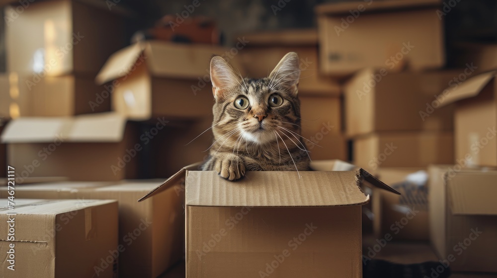 Curious Cat Among Moving Boxes, adorable tabby cat peeking out from an open cardboard box in a room filled with moving boxes, expressing curiosity and playfulness Curious Cat Among Moving Boxes, adorable tabby cat peeking out from an open cardboard box in a room filled with moving boxes, expressing curiosity and playfulness