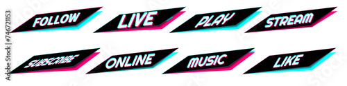 Set of stickers for a popular social network. Black - blue  - pink sticker on white background. Modern advertising social media design.