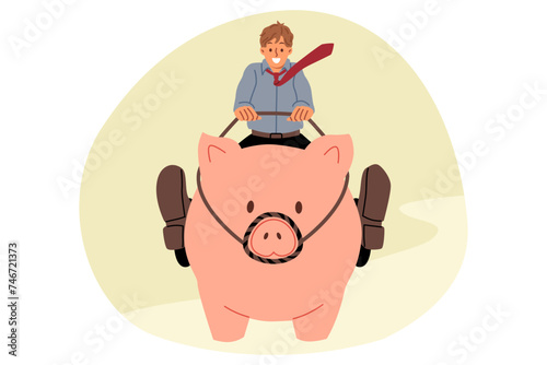 Businessman strives to make money on investments or increase income, sitting astride giant piggy bank. Ambitious man manages capital, receiving benefits from money invested in financial instruments