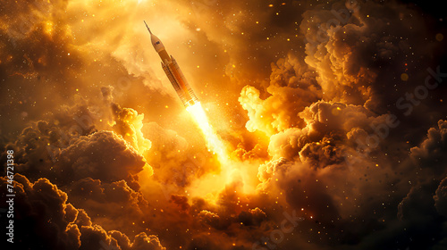 Majestic Nighttime Rocket Launch Illuminating the Sky created with Generative AI technology