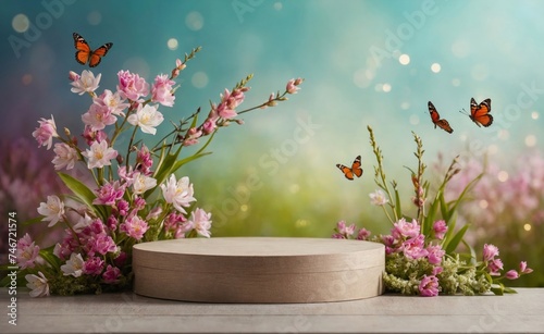 Product podium for product presentation and display with garden summer and spring flowers, floral summer background podium for cosmetic, with nature in the background. Generating AI 