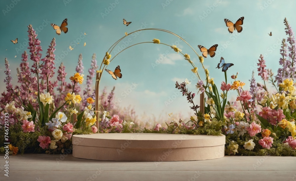 Product podium for product presentation and display with garden summer and spring flowers, floral summer background podium for cosmetic, with nature in the background. Generating AI  - obrazy, fototapety, plakaty 