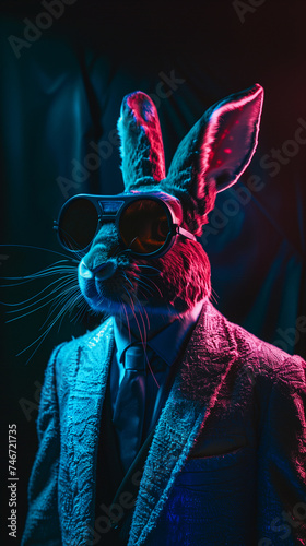 Modern hipster easter bunny wearing sunglasses and suit posing against neon purple blue background light.