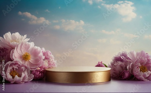 Product podium for product presentation and display with garden summer and spring flowers  peonies  floral summer background podium for cosmetic  with nature in the background. Generating AI