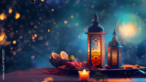 Lantern against the night sky, sparks. The concept of celebrating Ramadan