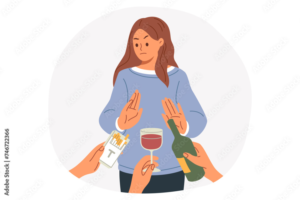 Woman gives up bad habits and makes stop gesture, rejecting offer to smoke or drink alcohol. Young casual girl overcome addiction and no bad habits near hands with cigarettes or wine