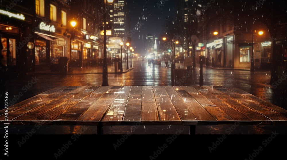 dark city photo with fake lights on the wooden table, in the style of lively street scenes, glossy finish, light brown, outdoor scenes, xmaspunk, 8k, lively tableaus