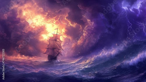 A pirate ship battles the raging storm, its sails billowing against the howling winds, Seamless looping 4k video background animation photo