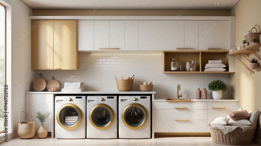 A beautiful laundry room design with top loading washer
