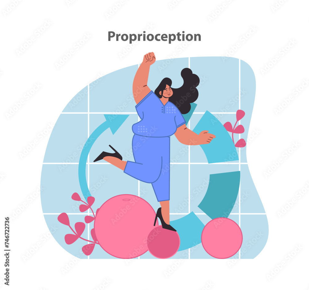 Proprioception illustration. A woman demonstrates balance. Proprioception illustration. A woman demonstrates balance.