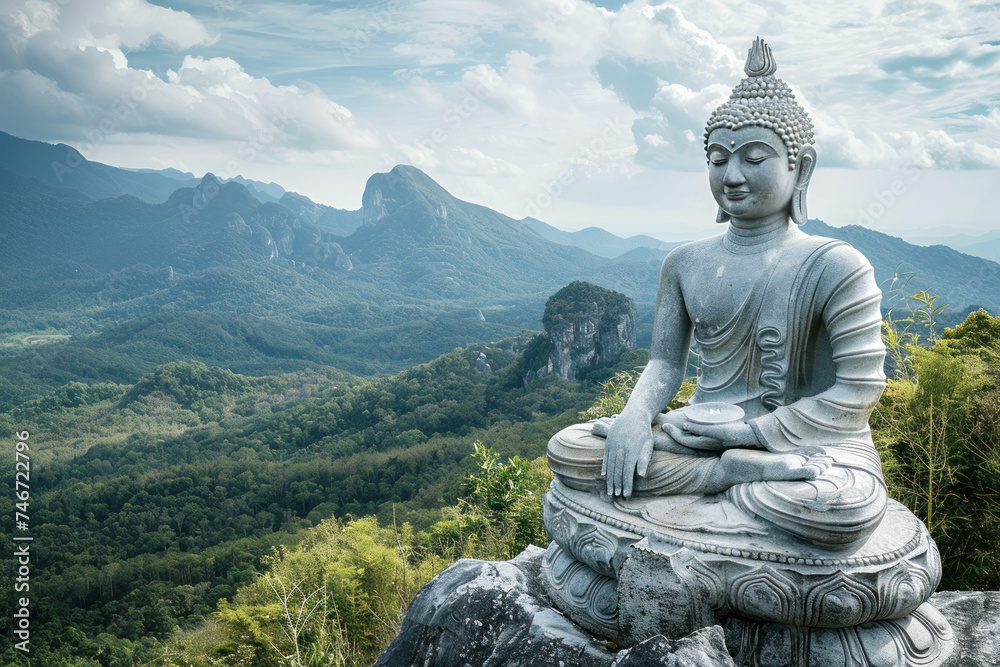 A serene Buddha statue atop a mountain overlooks a lush forest under a cloudy sky A serene Buddha statue atop a mountain overlooks a lush forest under a cloudy sky