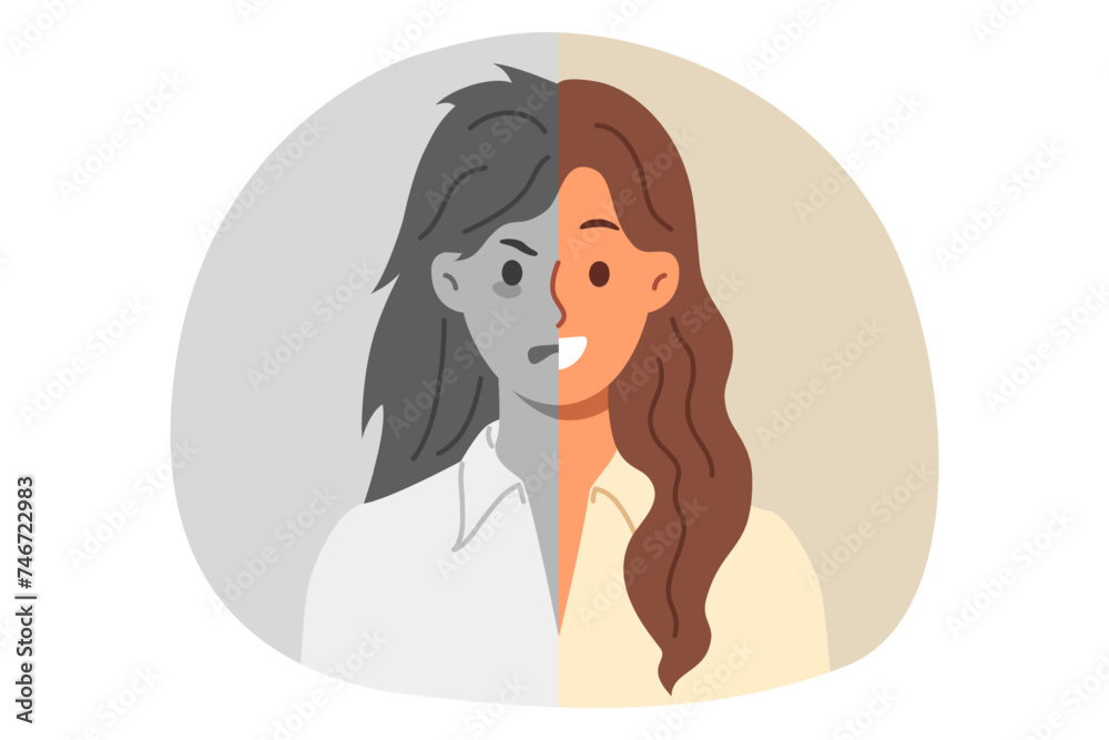 Emotional difference on face of woman suffering from sudden change in mood or split personality. Emotional girl before and after consultation with psychiatrist helping to get rid of bad thoughts