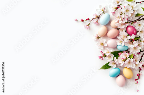 Happy Easter. Colorful Easter eggs with cherry blossom branches on a white background. Flat lay, copy space. Greeting card or banner