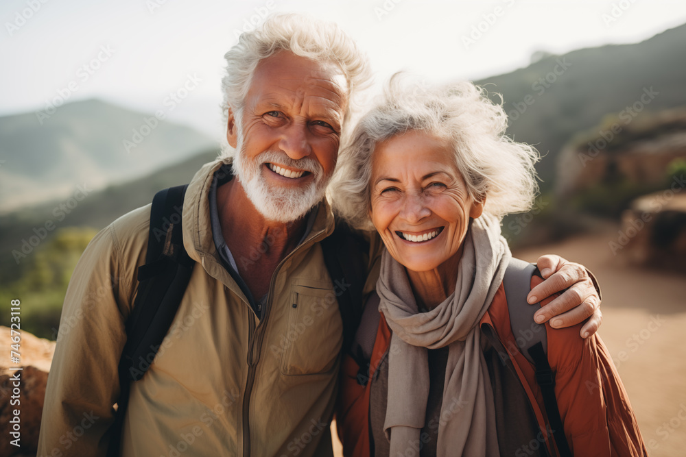 Middle age couple hiking and going camping in nature. Concept of choosing of a right path at the wildlife area. Middle age couple hiking and going camping in nature. Concept of choosing of a right path at the wildlife area.