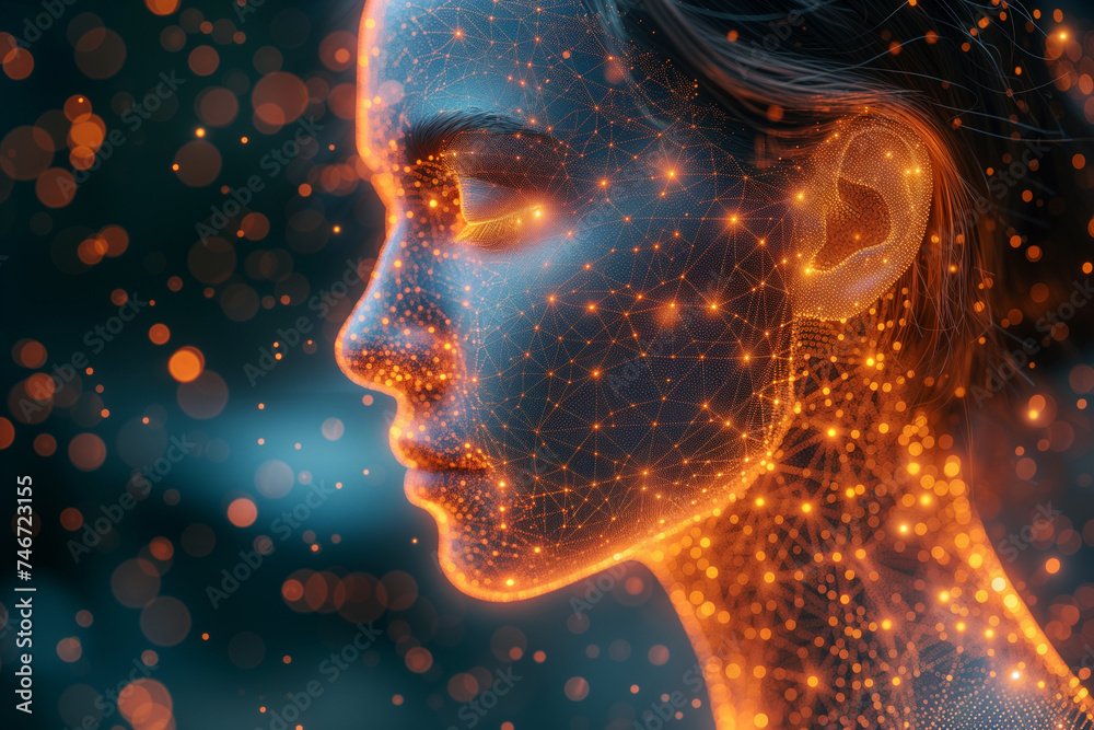 Fototapeta premium Brain neurons, mind connected to virtual cyberspace, human communitcation with artificial intelligience, cyber algorithms, digital ethnics 