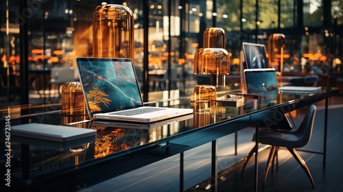desks and screens in a modern office setting, in the style of dark sky-blue and light amber, high quality photo, miscellaneous academia, glassy translucence, cabincore, detail-oriented