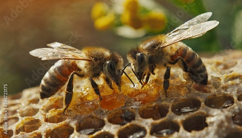 Bees sitting on a honeycomb to collect food, honey and pollen, close-up view