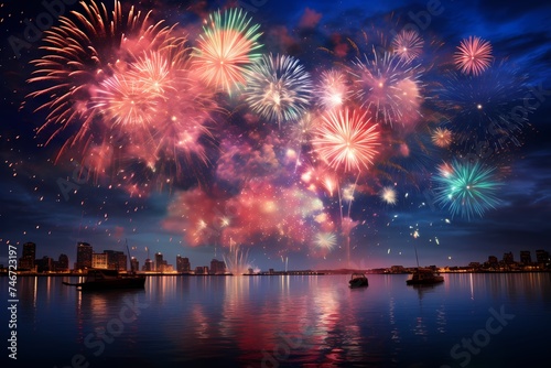 Vibrant and colorful birthday fireworks creating a stunning display against the night sky, captured with the realism and brilliance of an HD camera for a festive atmosphere