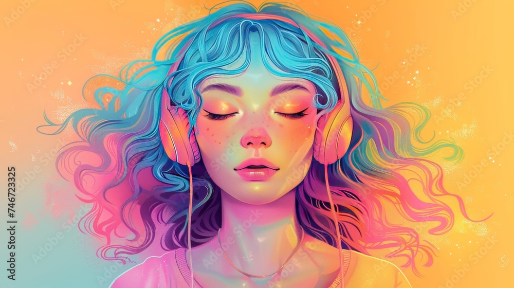 Tranquil Girl with Headphones in Pastel Tones Artistic representation of a tranquil girl with pastel blue and pink hair and headphones, against a warm pastel background.