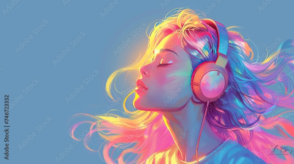 Contemplative Woman with Vibrant Hair and Headphones A serene digital portrait of a contemplative woman with dynamic, colorful hair and headphones, set against a calming blue background.