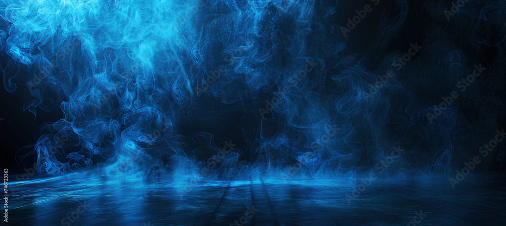 Abstract Blue Smoke on Dark Background with Copy Space