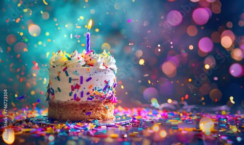Colorful Birthday Cake with One Candle and Confetti Celebration photo