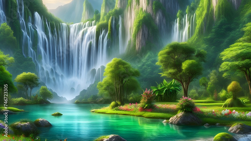 Majestic Cascade: Lush Waterfall, Green Cliffs, and Vibrant Blooms