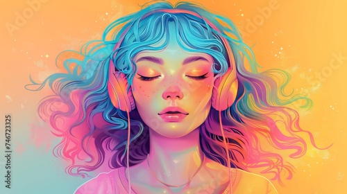 Tranquil Girl with Headphones in Pastel Tones Artistic representation of a tranquil girl with pastel blue and pink hair and headphones, against a warm pastel background.