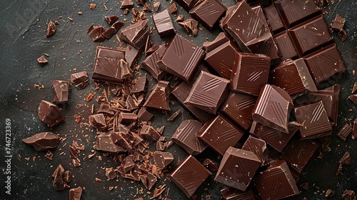 Composition of bars and pieces of different milk and dark chocolate, grated cocoa