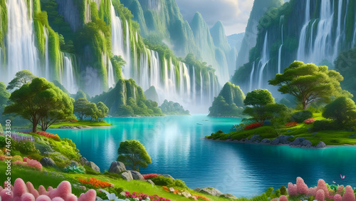 Majestic Cascade  Lush Waterfall  Green Cliffs  and Vibrant Blooms